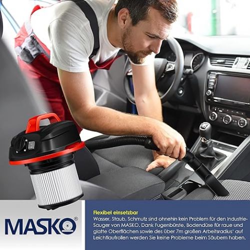  Masko® industrial vacuum cleaner, 1800 W, with socket, blow function, multi-purpose vacuum cleaner, dry and wet suction, industrial vacuum cleaner with and without bags, water vacuum cleaner, bagless, red