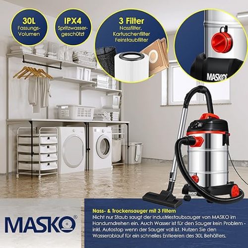  Masko® industrial vacuum cleaner, 1800 W, with socket, blow function, multi-purpose vacuum cleaner, dry and wet suction, industrial vacuum cleaner with and without bags, water vacuum cleaner, bagless, red