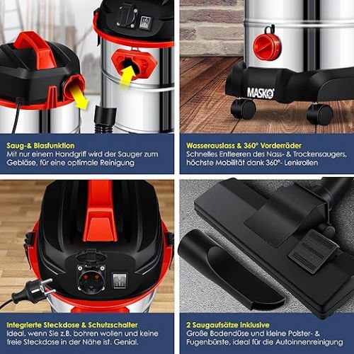  Masko® industrial vacuum cleaner, 1800 W, with socket, blow function, multi-purpose vacuum cleaner, dry and wet suction, industrial vacuum cleaner with and without bags, water vacuum cleaner, bagless, red