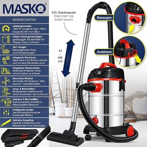  Masko® industrial vacuum cleaner, 1800 W, with socket, blow function, multi-purpose vacuum cleaner, dry and wet suction, industrial vacuum cleaner with and without bags, water vacuum cleaner, bagless, red