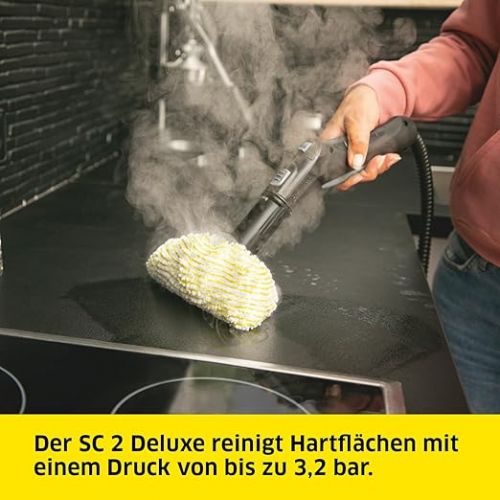  Karcher SC 2 Deluxe Steam Cleaner, Surface Capacity: Approx. 75 m², Tank: 1 Litre, Steam Pressure: Max. 3.2 Bar, Heating Time: 6.5 Minutes, Heating Power: 1,500 W, with EasyFix Floor Cleaning Set and