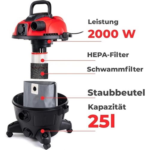  LEHMANN Wet/Dry Vacuum Cleaner with Blow Function | 25 Litre Industrial Vacuum Cleaner 2000 W with Socket | Multipurpose Vacuum Cleaner for Home, Garage, Workshop, Garden | with & without Bag,