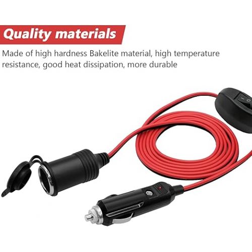  Hoembpn 4 Metre Car Cigarette Lighter Extension Cable with Switch, 12V/24V Waterproof Cigarette Lighter Socket Adapter Extension Cable 17AWG with 15A Fuse