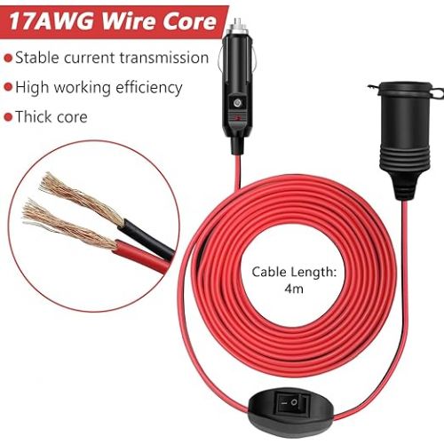  Hoembpn 4 Metre Car Cigarette Lighter Extension Cable with Switch, 12V/24V Waterproof Cigarette Lighter Socket Adapter Extension Cable 17AWG with 15A Fuse