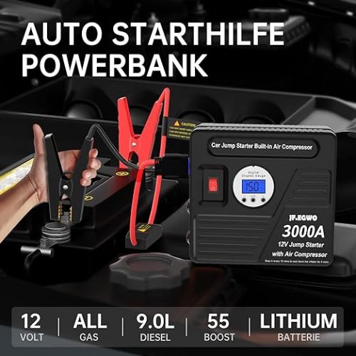  JF.EGWO Booster Batteries 3000A, 26800 mAh, 150 PSI Car Tyre Inflator (Full Throttle or 9.0 L Diesel) Jump Starter for Vehicles, 12 V Portable Car Starter, LCD Screen, LED Lamps, 15 Months Standby