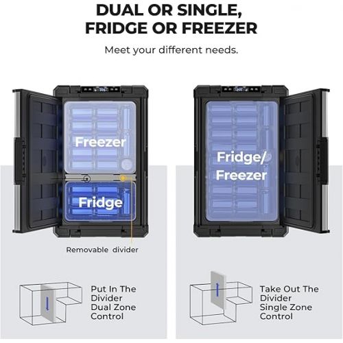  BougeRV Rocky 52L Compressor Cool Box Car with Freezer Metal Housing App Control, Removable Divider, Two-Zone Temperature Control, Portable Fridge 12/24V 110-240V for Camping Travel Boat