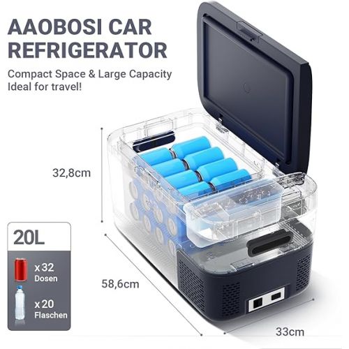  AAOBOSI Compressor Cool Box 20 L, Cool Box Car with App Control and USB Connection, Cool Box 12/24 V and 100-240 V Electric Cool Box, up to -20 °C for Garages, Car, Truck, Boat, Motorhome, Camping