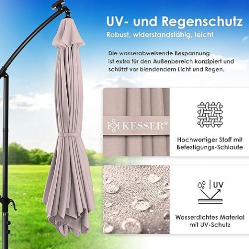 Kesser® Aluminium cantilever parasol LED solar, diameter 300 - 350 cm and cover with crank device, UV protection aluminium with on/off switch, water-repellent, garden parasol, market parasol