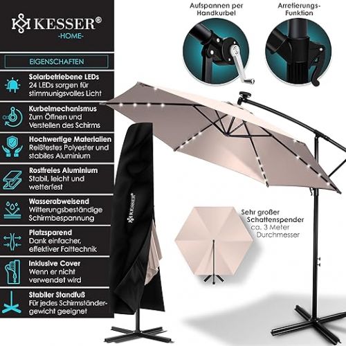  Kesser® Aluminium cantilever parasol LED solar, diameter 300 - 350 cm and cover with crank device, UV protection aluminium with on/off switch, water-repellent, garden parasol, market parasol