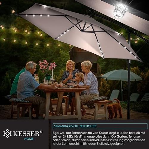  Kesser® Aluminium cantilever parasol LED solar, diameter 300 - 350 cm and cover with crank device, UV protection aluminium with on/off switch, water-repellent, garden parasol, market parasol