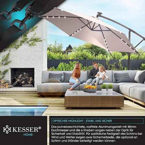  Kesser® Aluminium cantilever parasol LED solar, diameter 300 - 350 cm and cover with crank device, UV protection aluminium with on/off switch, water-repellent, garden parasol, market parasol