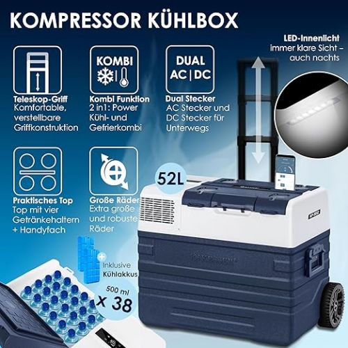  KESSER® Compressor Cool Box Electric Freezer Box 52 Litres with App Control USB Port 12/24 V 230 V, Telescopic Rod, 2 x Cool Box Wheels Fridge Cooling up to -20 °C for Car, Truck, Boat