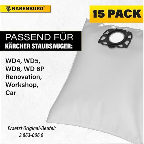 15 x Vacuum Cleaner Bags for Karcher Vacuum Cleaners - Compatible with WD4, WD5, WD6, WD 6P Renovation, Workshop, Car - Effective Fine Dust and Odour Filtration
