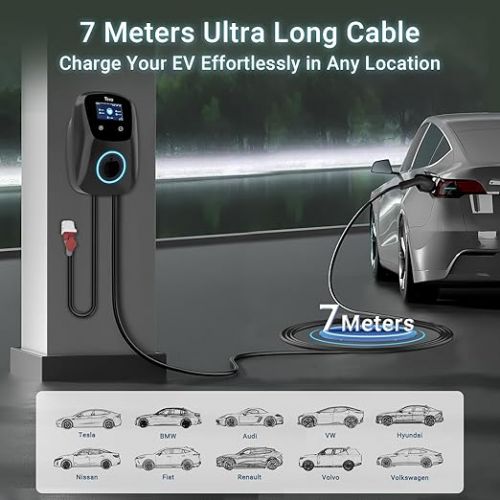  Tera EV Charger Smart App with 32A Type 2 22kW or 11kW Home Charging Station 400V CE & TUV Wallbox 7 m Charging Cable with Charger Holder App Control CEE 3-Phase Plug for All EVs and PHEVs W01 Black