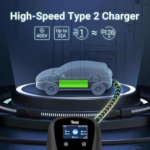  Tera EV Charger Smart App with 32A Type 2 22kW or 11kW Home Charging Station 400V CE & TUV Wallbox 7 m Charging Cable with Charger Holder App Control CEE 3-Phase Plug for All EVs and PHEVs W01 Black