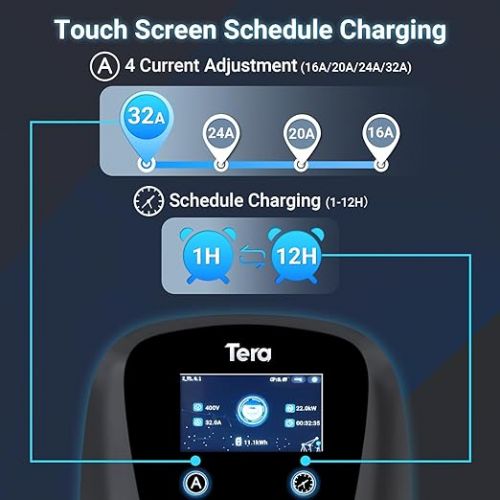  Tera EV Charger Smart App with 32A Type 2 22kW or 11kW Home Charging Station 400V CE & TUV Wallbox 7 m Charging Cable with Charger Holder App Control CEE 3-Phase Plug for All EVs and PHEVs W01 Black