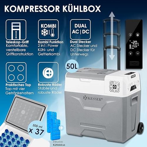  KESSER® Compressor Cool Box Electric Freezer Box 50 Litres with App Control USB Port 12/24 V 230 V, Telescopic Rod, 2 x Ice Packs Wheels Fridge Cooling up to -20 °C for Car, Truck, Boat