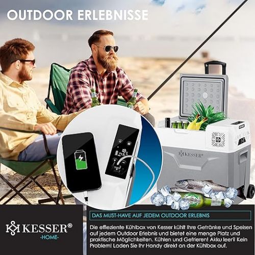  KESSER® Compressor Cool Box Electric Freezer Box 50 Litres with App Control USB Port 12/24 V 230 V, Telescopic Rod, 2 x Ice Packs Wheels Fridge Cooling up to -20 °C for Car, Truck, Boat