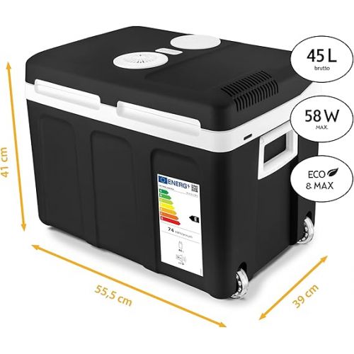 TZS First Austria Electric Cool Box 45 Litres | 12 Volt & 230 Volt Connection | Mobile Mini Fridge with Wheels | for Camping, Festivals, Travel | with Warming Function | Black