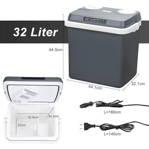  Jopassy Electric Cool Box 32 L, Cooling to -18 °C, Mini Warmer for Keeping Food Warm up to 65 °C, Mini Fridge 220-240 V Eco Mode with Cable, Car and Camping, Grey