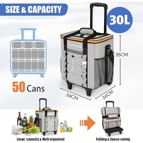  INSMEER Foldable Cool Bag with Wheels, 30 L / 50 Can Cool Bag Large, Waterproof Shopping Trolley, Beach Tyres, Roller Cooler Trolley for Beach, Camping, Picnic, Grocery Shopping