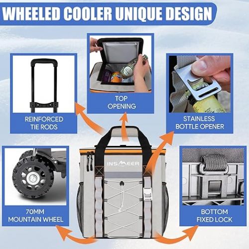  INSMEER Foldable Cool Bag with Wheels, 30 L / 50 Can Cool Bag Large, Waterproof Shopping Trolley, Beach Tyres, Roller Cooler Trolley for Beach, Camping, Picnic, Grocery Shopping