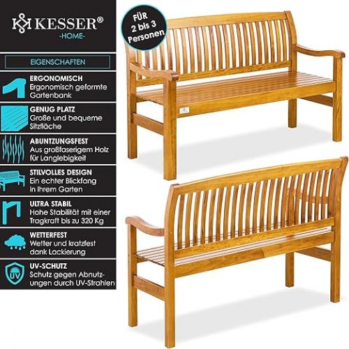  KESSER® Garden Bench Wooden Bench Weatherproof for 2 to 3 People Park Bench Made of Solid Wood Bench 225 kg Load Capacity 125 cm Balcony Bench Bench for Balcony Patio and Garden Including Cover Light