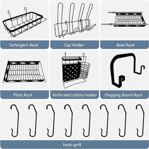  Meltrck Dish Drainer with 2 Baskets and Metal Hooks, Utensil Holder and Drip Tray for Bowls, Plates, Spoons and Cups, Black