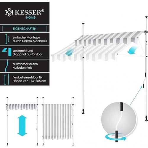  KESSER® clamp awning with hand crank, balcony awning, no drilling, UV-resistant, height-adjustable, water-repellent, sun protection, terrace canopy, easy to assemble, 400 cm