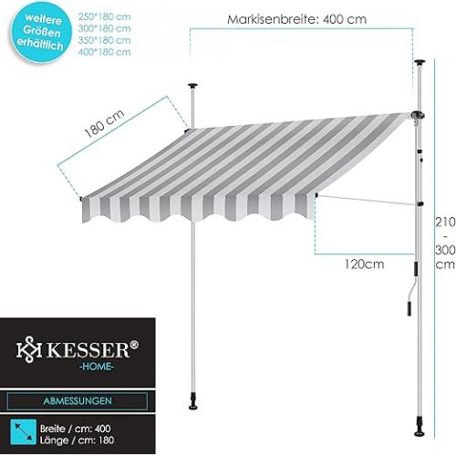  KESSER® clamp awning with hand crank, balcony awning, no drilling, UV-resistant, height-adjustable, water-repellent, sun protection, terrace canopy, easy to assemble, 400 cm