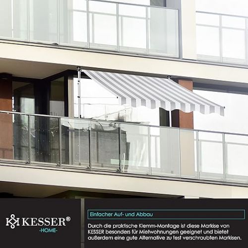  KESSER® clamp awning with hand crank, balcony awning, no drilling, UV-resistant, height-adjustable, water-repellent, sun protection, terrace canopy, easy to assemble, 400 cm