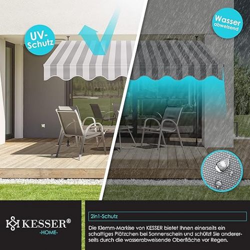  KESSER® clamp awning with hand crank, balcony awning, no drilling, UV-resistant, height-adjustable, water-repellent, sun protection, terrace canopy, easy to assemble, 400 cm