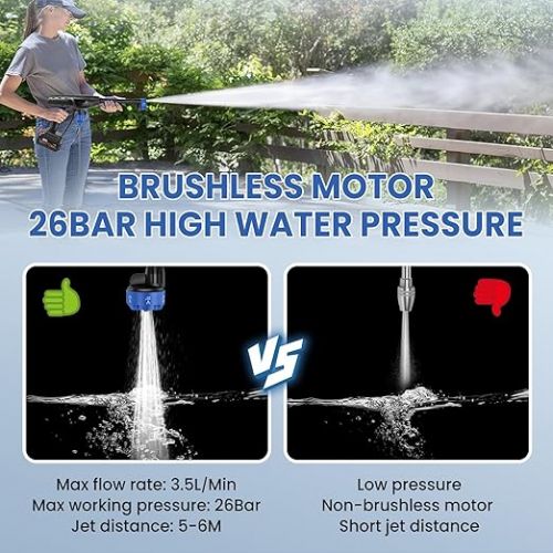  Battery Pressure Washer, 48 V 26 Bar Portable Pressure Washer with 2 x 12000 mAh Battery, 6-in-1 Multifunctional Nozzle, 5 m Hose, Foam Jug, Mobile Pressure Washer for Cars, Patio, Window, Lawn