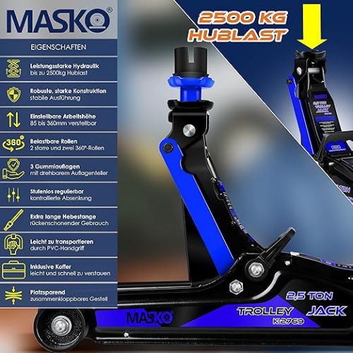  MASKO® Hydraulic Trolley Jack 2.5T Flat Lifting Height 85-360 mm Including Case + 2 x Rubber Pads + Gloves Car Trolley Jack Hydraulic 360° Wheels Lifter Axle Stand