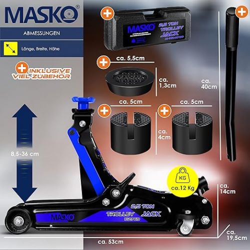  MASKO® Hydraulic Trolley Jack 2.5T Flat Lifting Height 85-360 mm Including Case + 2 x Rubber Pads + Gloves Car Trolley Jack Hydraulic 360° Wheels Lifter Axle Stand