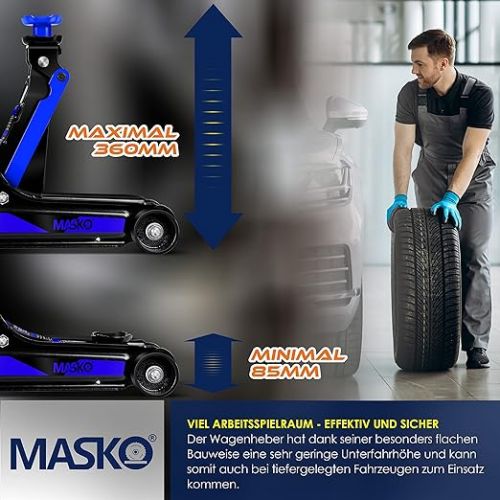  MASKO® Hydraulic Trolley Jack 2.5T Flat Lifting Height 85-360 mm Including Case + 2 x Rubber Pads + Gloves Car Trolley Jack Hydraulic 360° Wheels Lifter Axle Stand