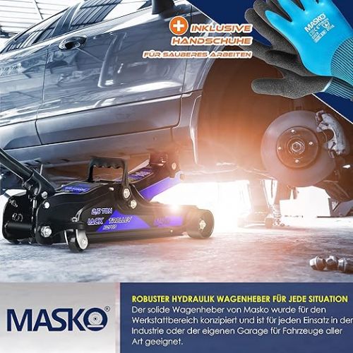  MASKO® Hydraulic Trolley Jack 2.5T Flat Lifting Height 85-360 mm Including Case + 2 x Rubber Pads + Gloves Car Trolley Jack Hydraulic 360° Wheels Lifter Axle Stand
