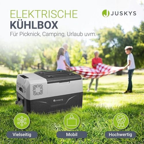  Juskys Compressor Cool Box 30 Litres, 12/24/230 V for Car, Truck, Motorhome, Camping, Mini Fridge, Cold and Warm, Compressor Cool Box for Socket, Grey