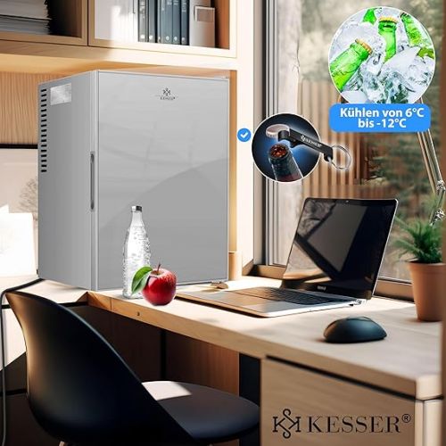  KESSER® Mini Fridge with Lock and Glass Front, Mini Bar 40 Litre Net Capacity, Quiet 22 db, Lockable, Bedroom, Interchangeable Door Hinge, Approx. 6°-12°C, Height 57 cm, Interior Lighting Table Fridge