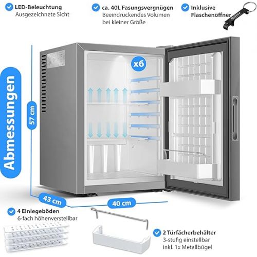  KESSER® Mini Fridge with Lock and Glass Front, Mini Bar 40 Litre Net Capacity, Quiet 22 db, Lockable, Bedroom, Interchangeable Door Hinge, Approx. 6°-12°C, Height 57 cm, Interior Lighting Table Fridge