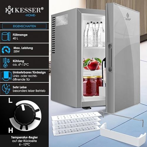  KESSER® Mini Fridge with Lock and Glass Front, Mini Bar 40 Litre Net Capacity, Quiet 22 db, Lockable, Bedroom, Interchangeable Door Hinge, Approx. 6°-12°C, Height 57 cm, Interior Lighting Table Fridge