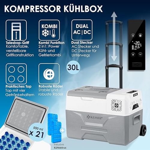  KESSER® Compressor Cool Box Electric Freezer Box 30 Litres with App Control USB Port 12/24 V 230 V, Telescopic Rod, 2 x Ice Packs Wheels Fridge Cooling up to -20 °C for Car, Truck, Boat