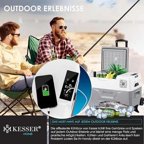  KESSER® Compressor Cool Box Electric Freezer Box 30 Litres with App Control USB Port 12/24 V 230 V, Telescopic Rod, 2 x Ice Packs Wheels Fridge Cooling up to -20 °C for Car, Truck, Boat