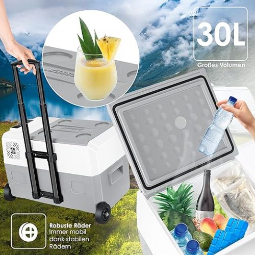  KESSER® Compressor Cool Box Electric Freezer Box 30 Litres with App Control USB Port 12/24 V 230 V, Telescopic Rod, 2 x Ice Packs Wheels Fridge Cooling up to -20 °C for Car, Truck, Boat