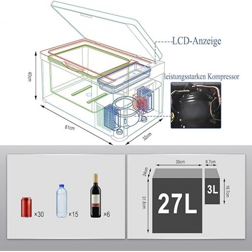  WOLTU XXL Car Cool Box Freezer 30L Mini Fridge Compressor Cool Box Electric Cool Box with DC Cable for Car Truck Motorhome Camping Boat 12V/24V Cooling up to - 22°C KUE011wsz