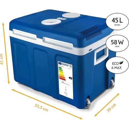  TZS First Austria Electric Cool Box 45 Litres | 12 Volt & 230 Volt Connection | Mobile Mini Fridge with Wheels | for Car, Camping, Festivals & Travel | with Warming Function | Blue