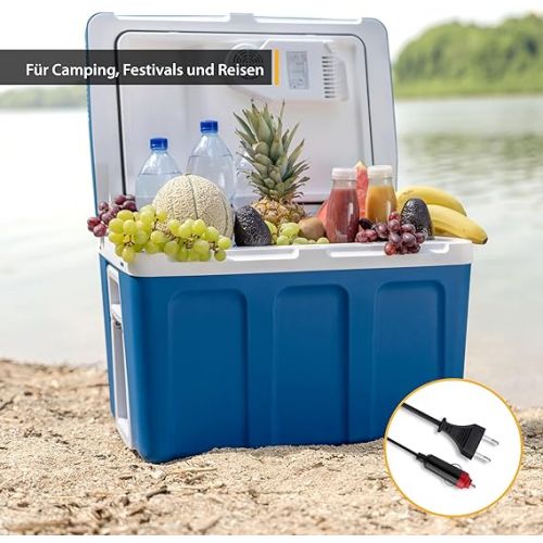  TZS First Austria Electric Cool Box 45 Litres | 12 Volt & 230 Volt Connection | Mobile Mini Fridge with Wheels | for Car, Camping, Festivals & Travel | with Warming Function | Blue