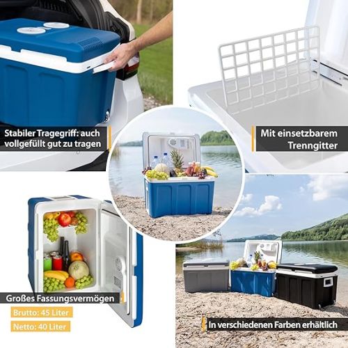  TZS First Austria Electric Cool Box 45 Litres | 12 Volt & 230 Volt Connection | Mobile Mini Fridge with Wheels | for Car, Camping, Festivals & Travel | with Warming Function | Blue