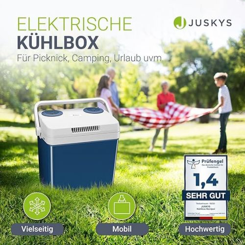  Juskys Electric Cool Box 32 Litres 12 V / 230 V for Car, Truck, Motorhome, Camping - Mini Fridge Cold & Warm - Thermoelectric Box - Blue