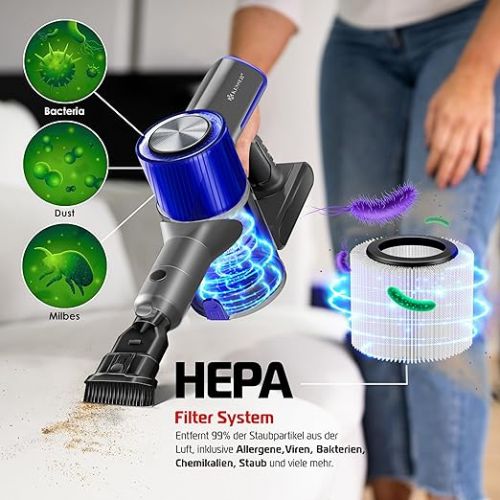  KESSER® Cordless Vacuum Cleaner 3-in-1 | Handheld Vacuum Cleaner without Bag with HEPA Filter | Battery Vacuum Cleaner up to 60 Minutes Running Time + Crevice Nozzle & Dust Brush | LED Light XL Dust